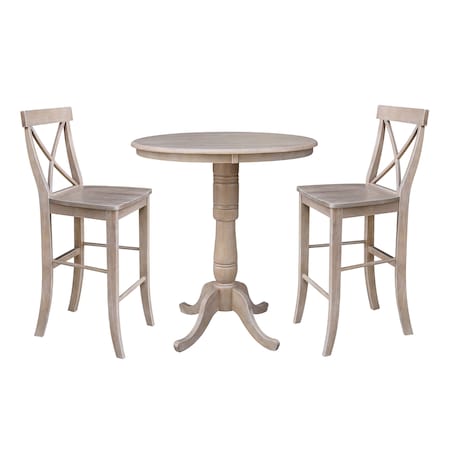 International Concepts Round 36 in Rd Ped Bar Ht Table, 2 Bar Ht Stools, Weathered Grey, 36 W, 36 L, 41.1 in H, Wood K09-36RT-S6133-2